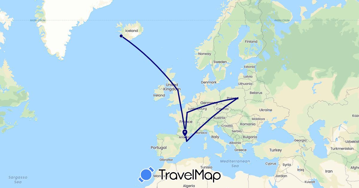 TravelMap itinerary: driving in Andorra, Spain, France, United Kingdom, Iceland, Poland (Europe)